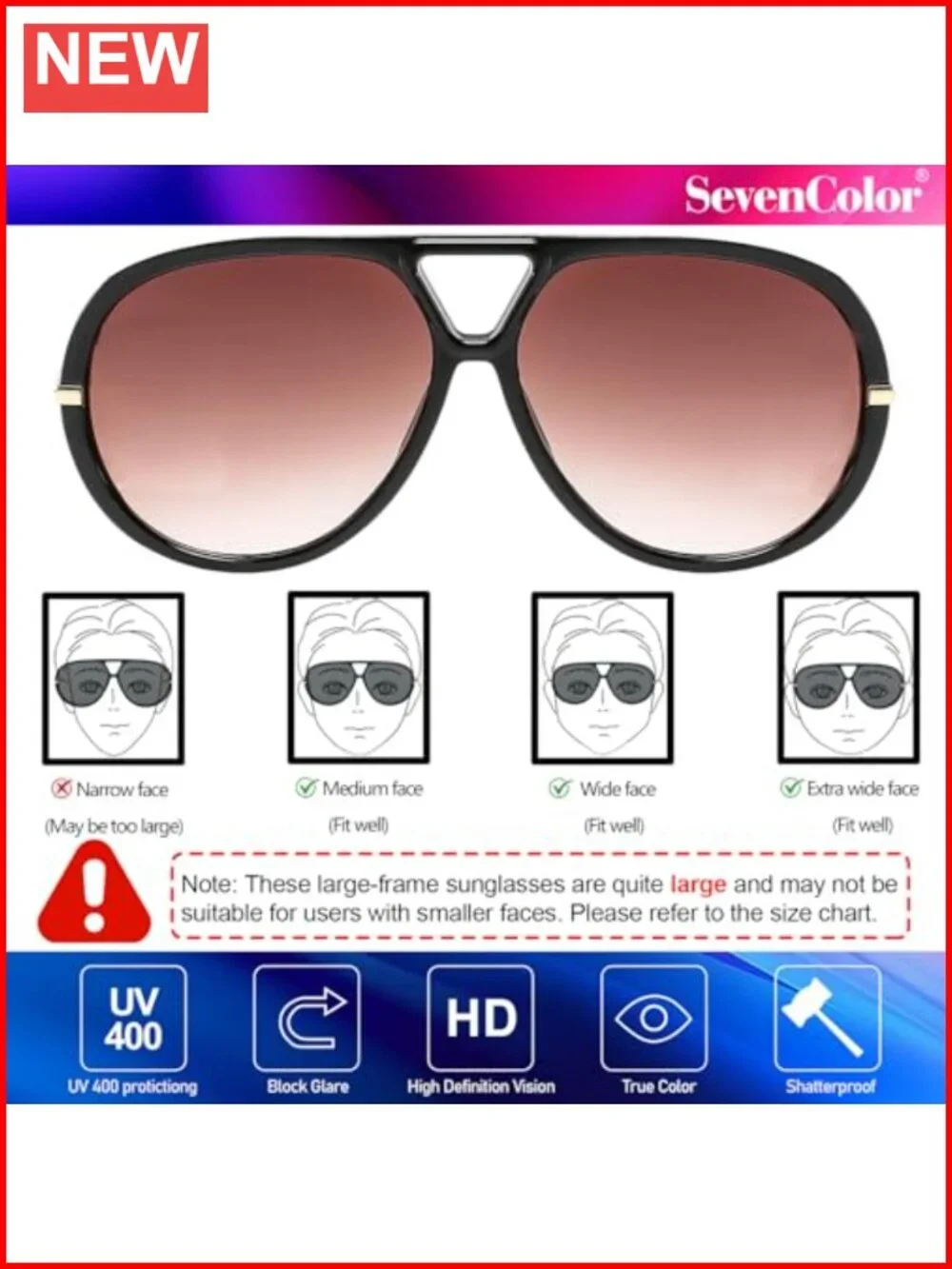 Oversized Aviator Sunglasses Metal Frame UV400 Unisex Retro